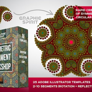 May include: A box of 25 Adobe Illustrator templates for creating symmetrical circular patterns. The box features a colorful geometric design and the text "Symmetric Ornament Workshop". The text "Rapid Creation of Symmetric Circular Patterns" is also visible in the image.