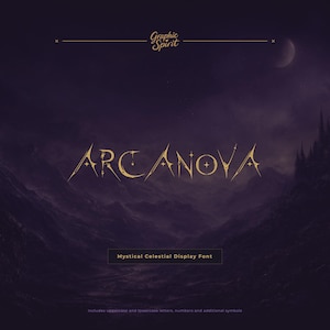 May include: A digital display font titled ARCANOVA in gold lettering with star-like accents, set against a dark purple mountain landscape. The text Graphic Spirit appears at the top, with Mystical Celestial Display Font in a central box.