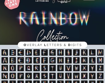 May include: A rainbow overlay font collection with uppercase letters, numbers, and punctuation marks. The letters are in a bold, sans-serif font style. The collection is called "Rainbow Collection" and is by "Photo Spirit".