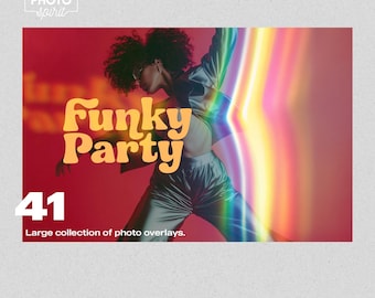 May include: A digital illustration of a woman dancing with a colorful light effect behind her. The text "Funky Party" is in the foreground. The number 41 is in the bottom left corner. The text "Large collection of photo overlays." is below the number.