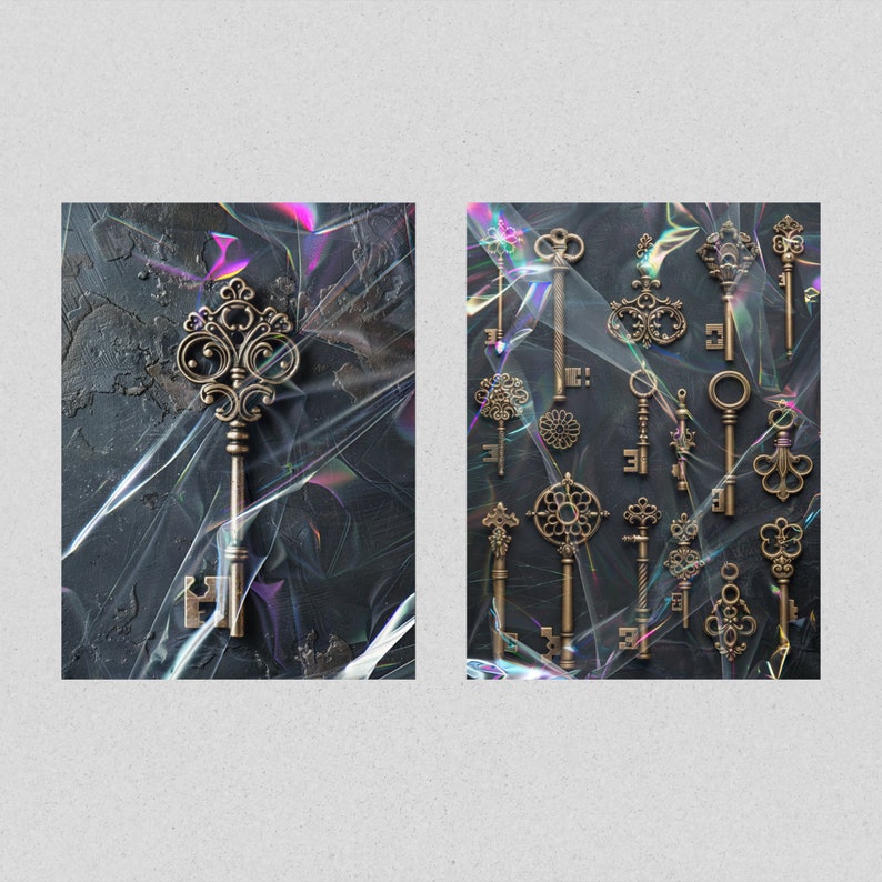 May include: A collection of antique keys with intricate designs, displayed on a black background with iridescent plastic wrap. The keys are made of brass and have a variety of shapes and sizes.