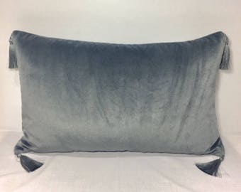 Grey Tassel Pillow Cover, Velvet Pillow Case, Grey Cushion Covers, Decorative Cushion Case, Throw Pillow Covers, Tassel Pillows 12X20 14X20