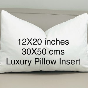 Puede incluir: Un inserto de almohada blanco con el texto "12X20 inches 30X50 cms Luxury Pillow Insert" impreso en él.