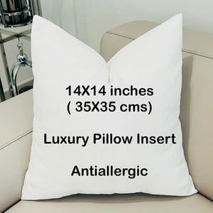 Puede incluir: Un inserto de almohada blanco con el texto "14x14 pulgadas (35x35 cm) Inserto de almohada de lujo Antialérgico" impreso en él.