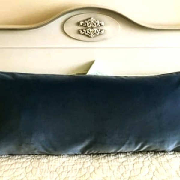 Luxury Smokey Blue Velvet Pillow Cover, Lumbar Pillow, Blue Long Pillow, Decorative Hotel Pillow, Cushion Case, 12X36 14X36 Blue Pillows