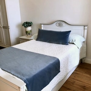 Smokey Blue Velvet Bed Runner, Bed Scarf, Bed Cover, Blue Bed Throw, Twin Full King Queen Size Bed Runner, Custom Made, All Sizes, Bed Decor