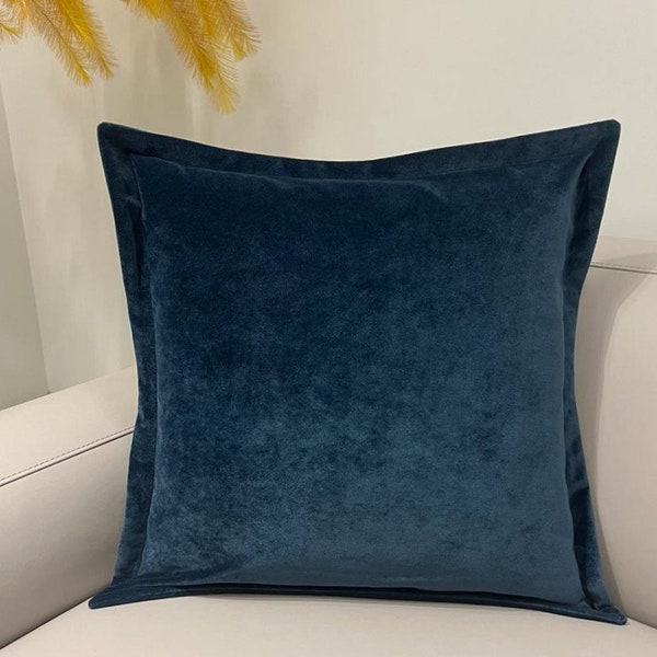 Luxury Smokey Blue Flange Pillow, Blue Velvet Pillow Cover, Throw Pillow Cover, Decorative Blue Pillow Case, Blue Cushion Covers, All Sizes