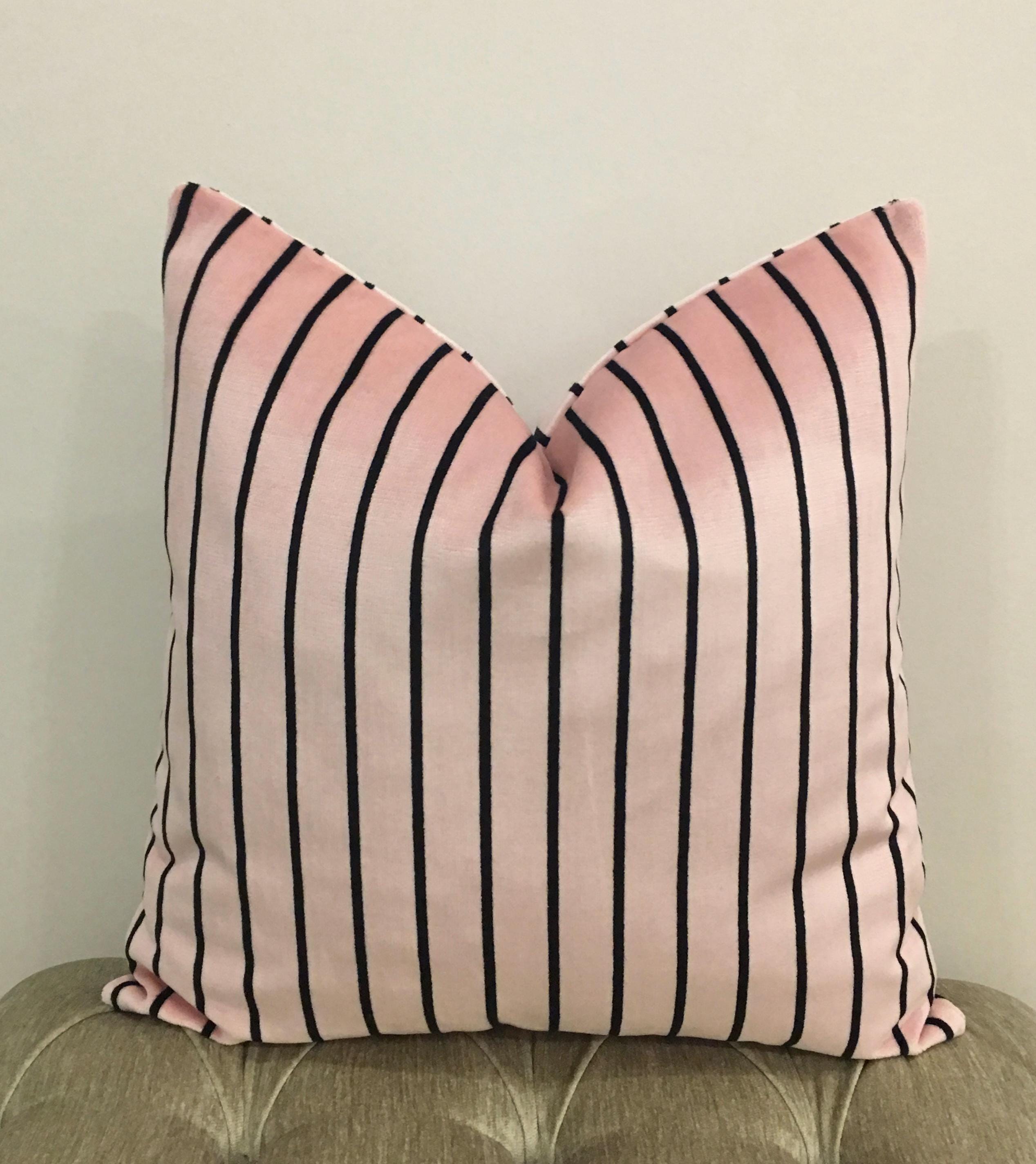 Handmade Pink Velvet Pillow Cover: Black Stripe Euro Sham