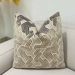 Luxury Beige Velvet Pillow Cover, Geometric Pattern Decorative Throw Pillows, Euro Sham, Couch Sofa Cushion Case, Custom Made, All Sizes
