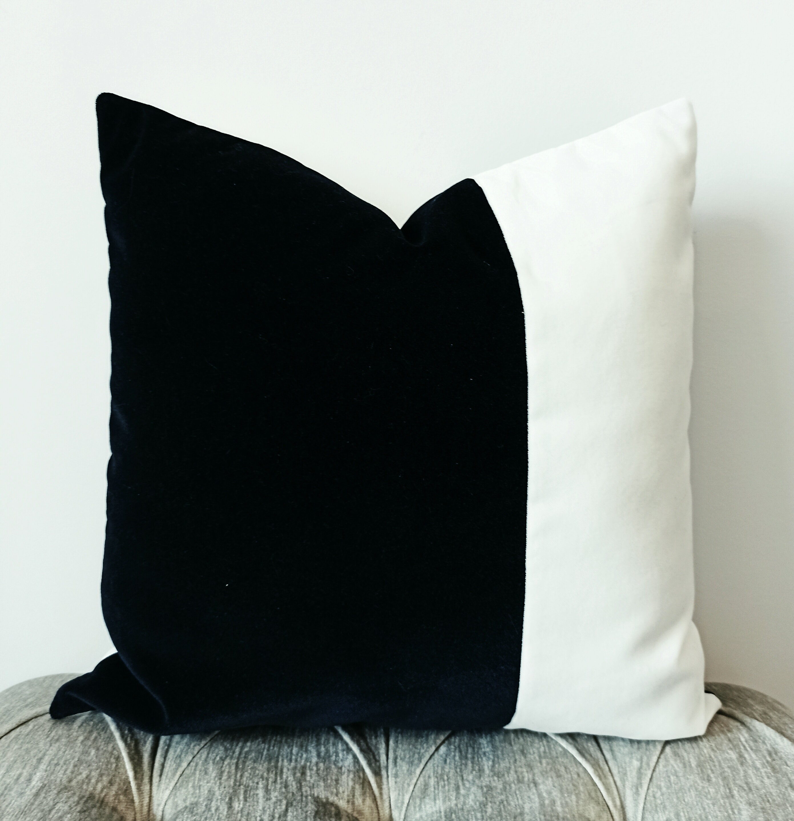 Handmade Modern Throw Pillows with Insert Black White Velvet 16x16 in - Black/White