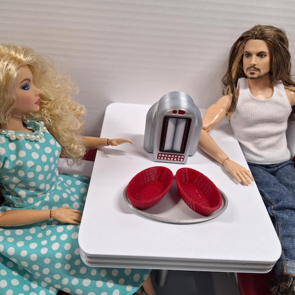1950s Diner Accessories Pack Jukebox Selector Food Baskets Waitress Tray Set 1:6 Barbie Size