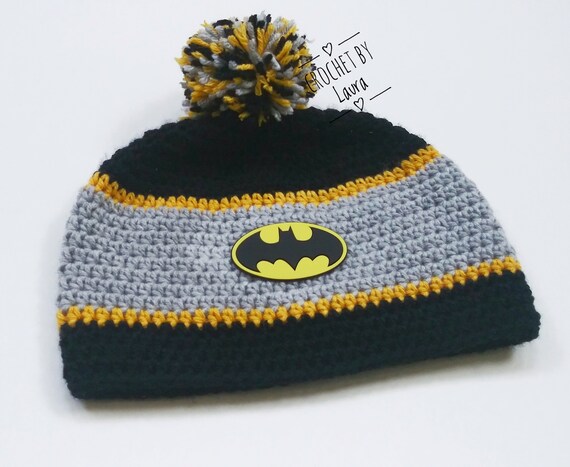 CROCHET /"BATMAN/" inspired HAT infant to adult sizes black beanie photo prop USA