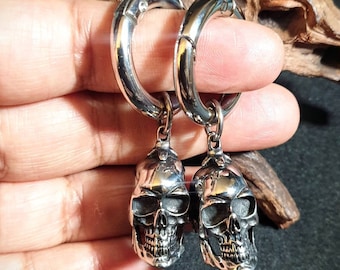 Skull ear weights- ear hangers, earrings for plugs- hinged  earring