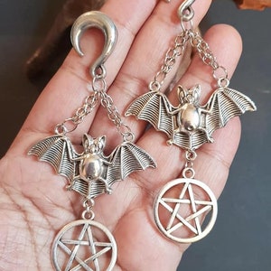 Goth ear weights-pentacle ear hanger- bat ear weight-stretched lobes earring-brass ear weights 1 pair