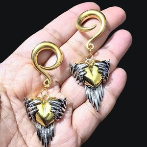 Hear with wings ear weights, Goth ear weight/ heart ear weights/ ear weight/ear hanger