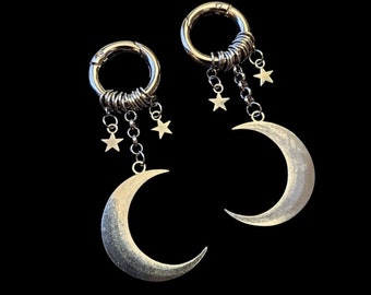 Moon ear weights- ear hangers, earrings for plugs- hinged  earring