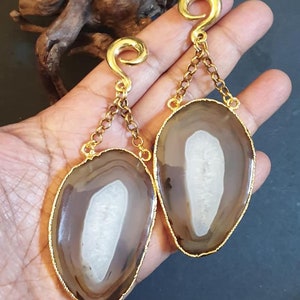 Geode ear weight ,Druzy quartz slice ear weights,quartz ear weights,quartz ear weights,guage earring-1 pair