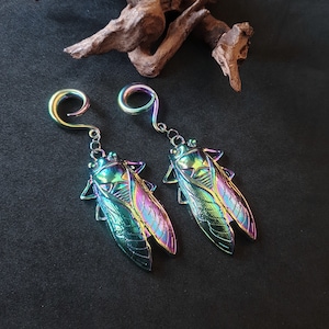 Cicada ear weights- steampunk hangers, earrings for plugs- hinged  earring-boho earring