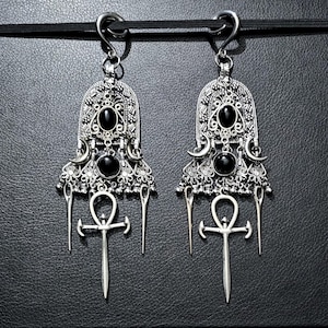Pendientes de obsidiana negra, pendientes góticos, pendientes de vampiro ankh, pendientes de calibre