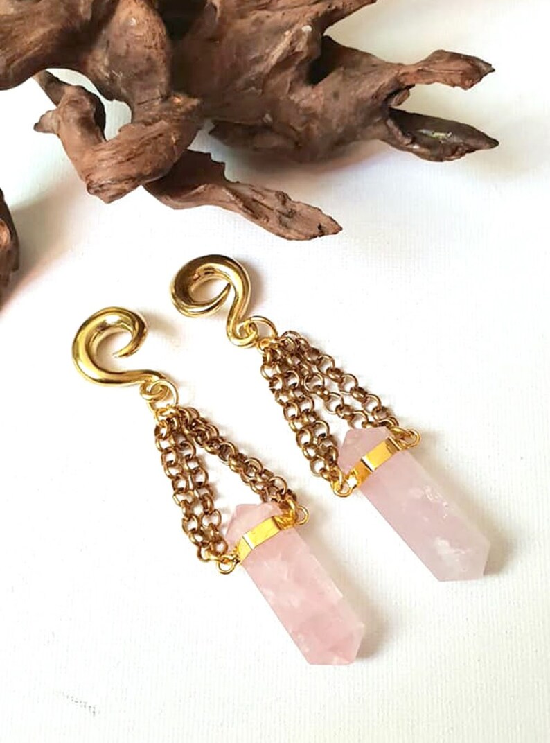 Rose quartz ear hangers,raw amethyst ear weights,pendulum ear weights,guage earring