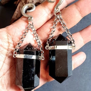 Perchas de oreja de obsidiana negra, pesas de oreja de cuarzo, pesas de oreja de péndulo, pendiente de calibre