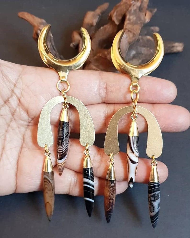 Brass ear weights,agate ear weights,saddle ear weights,dangle ear hanger,guage earring