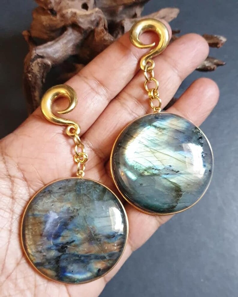 Labradorite ear hangers brass ear weights,drop ear weights,dangle ear hanger,guage earring