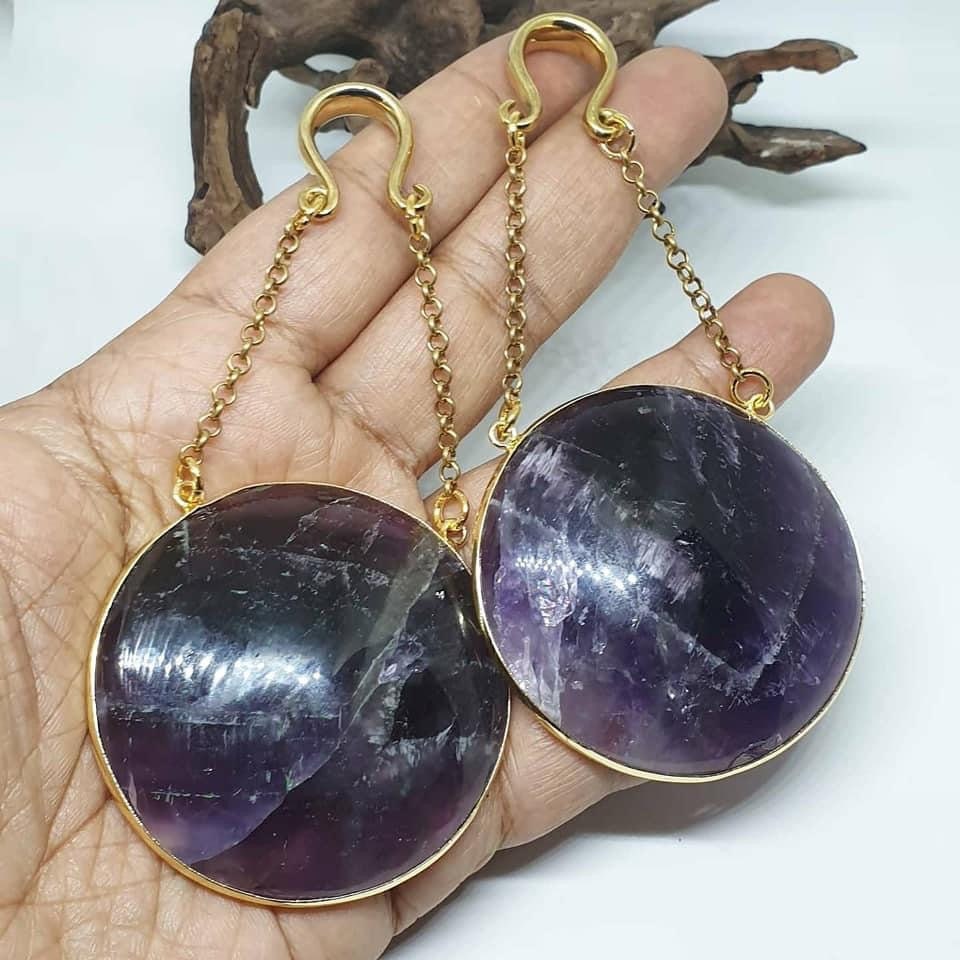 Amethyst ear hangers,brass ear weights,ear weights,guage earring
