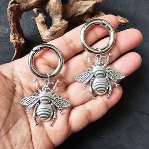 Bee ear weights- silver bee ear hangers, earrings for plugs- hinged  earring-boho earring