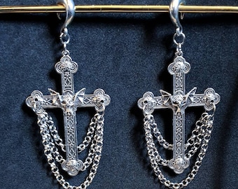 Goth ear weights- cross ear hanger- bat ear weight-stretched lobes earring-brass ear weights 1 pair