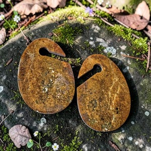 May include: Two teardrop-shaped, brown earrings with a hook at the top. The earrings have a textured, marbled appearance with a natural, earthy aesthetic. The earrings are displayed on a mossy, stone surface.