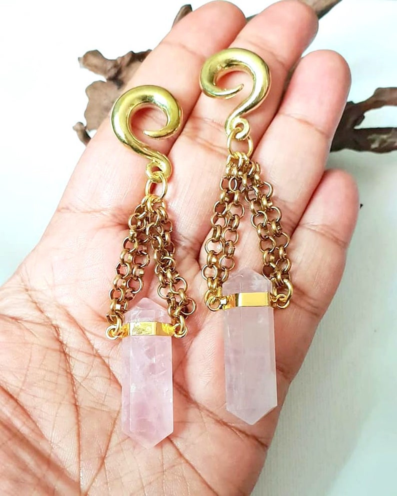 Rose quartz ear hangers,raw amethyst ear weights,pendulum ear weights,guage earring