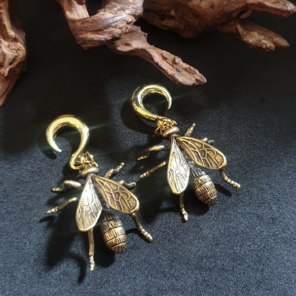 Bee ear weights, brass bee ear weights, insect ear hanger,guage earring