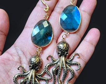 Octopus ear hangers/labradorite ear weights/dangle ear hanger/guage earring