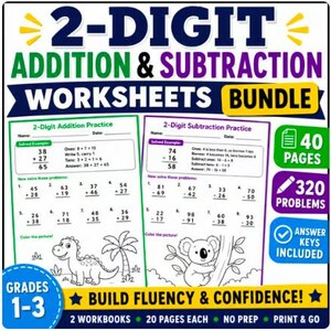 May include: A 2-digit addition and subtraction worksheet bundle featuring 40 pages, 320 problems, and answer keys for grades 1-3. The worksheets include maths practice problems and colouring activities with a dinosaur and a koala illustration.