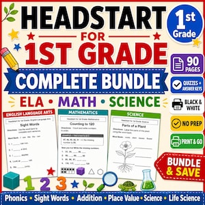 Op de afbeelding: Een educatief pakket van 90 pagina's voor groep 3 met werkbladen voor Engels, rekenen en wetenschap. De omslag toont de tekst Headstart for 1st Grade Complete Bundle, met iconen voor quizzen, antwoordsleutels en printklare pagina's.