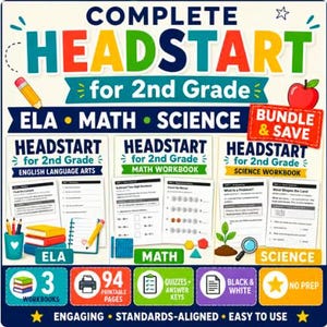 Puede incluir: Un paquete educativo Complete Headstart for 2nd Grade que incluye tres libros de ejercicios para ELA, matemáticas y ciencias. La portada muestra texto colorido, un lápiz, una manzana y hojas de muestra. Contiene 94 páginas imprimibles, cuestionarios, claves de respuestas, es en blanco y negro, sin preparación y alineado con los estándares.