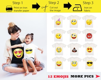 12 Pack Printable Emoji iron on transfers, Emoji Shirt,  Emoji iron on for shirts, Emoji Birthday Shirt, Emoji Party shirt, Instant Download