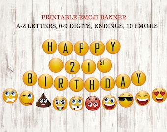 Printable Emoji Happy Birthday Banner, Orange,  Black 1st 2nd 3rd 4th 5th 21st Decorations Birthday,  Instant download