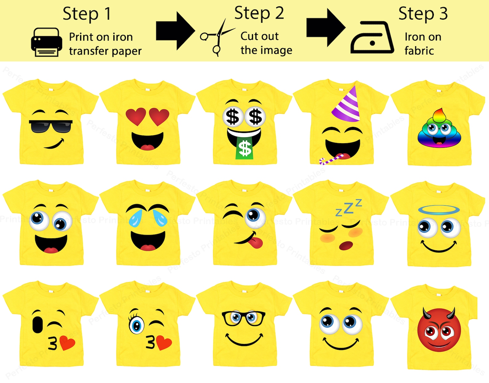 Emoji Shirt, 15 Pack Printable Emoji Iron on Transfers for Yellow ...