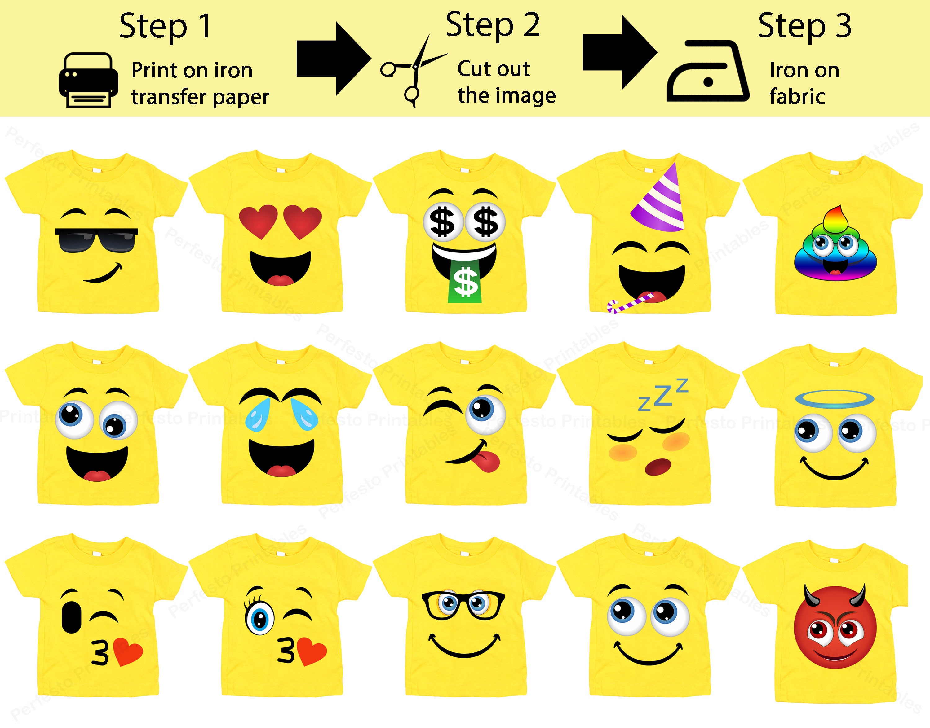 Emoji Shirt, 15 Pack Printable Emoji Iron on Transfers for Yellow Shirts, Emoji Birthday Shirt