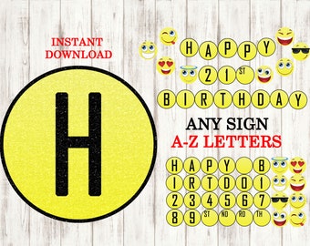 Printable Emoji Happy Birthday Banner, Yellow,  Black 1st 2nd 3rd 4th 5th, 21st Decorations Birthday, Instant download
