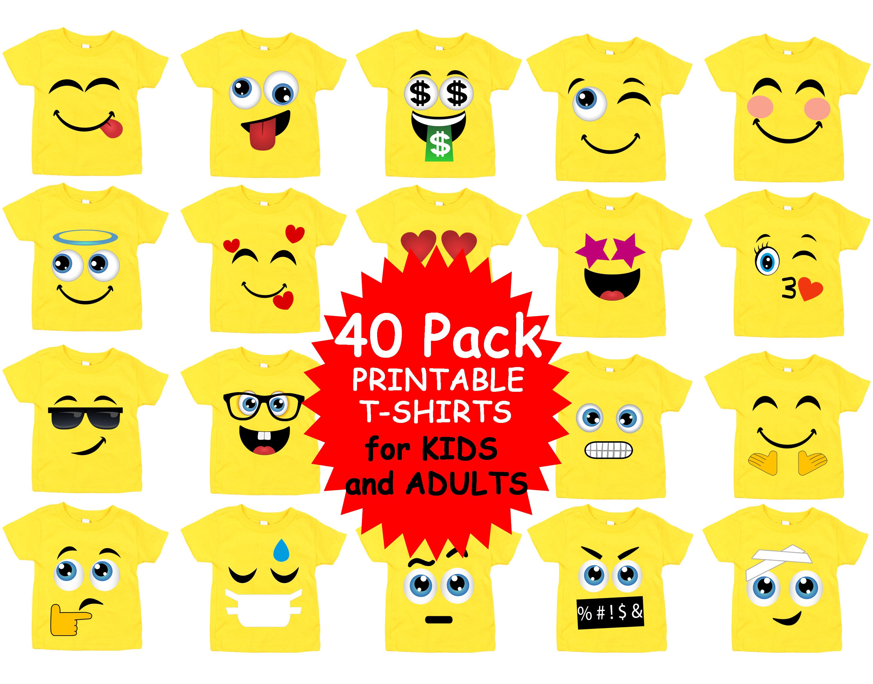 Emoji Shirt, 40 Pack Printable Emoji Iron on Transfers for Yellow Shirts, Emoji Birthday Shirt