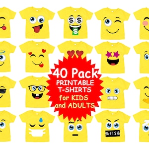 Emoji Shirt, 40 Pack Printable Emoji iron on transfers for yellow shirts, Birthday Shirt, Emoji Party Shirt, Instant Download, png for dft