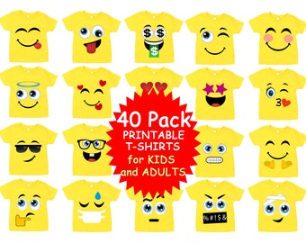 Emoji Shirt, 40 Pack Printable Emoji iron on transfers for yellow shirts, Emoji Birthday Shirt, Emoji Party Shirt, Instant Download