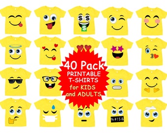 Emoji Shirt, 40 Pack Printable Emoji iron on transfers for yellow shirts, Birthday Shirt, Emoji Party Shirt, Instant Download, png for dft