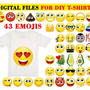 43 Pack Printable Emoji Iron On Transfers  For Shirts, Emoji Shirt,  Emoji Birthday Shirt, Emoji Party Shirt, Instant Download