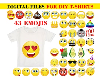 43 Pack Printable Emoji Iron On Transfers  For Shirts, Emoji Shirt,  Emoji Birthday Shirt, Emoji Party Shirt, Instant Download