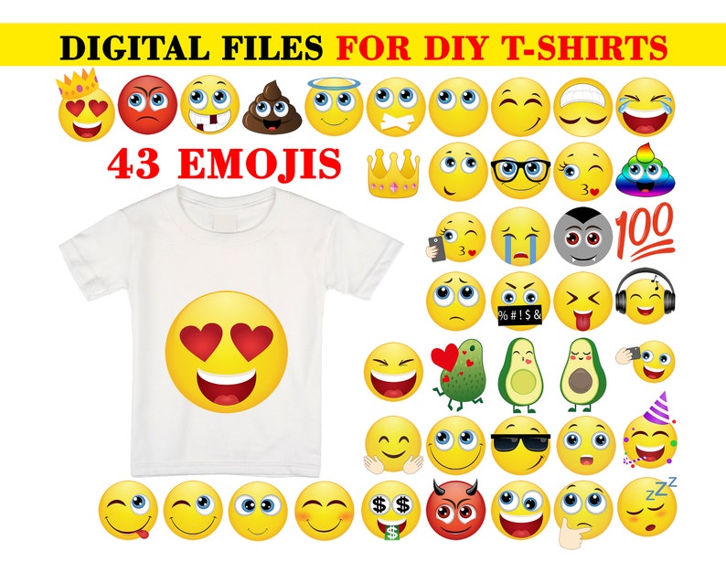 43 Pack Printable Emoji Iron on Transfers for Shirts, Emoji Shirt