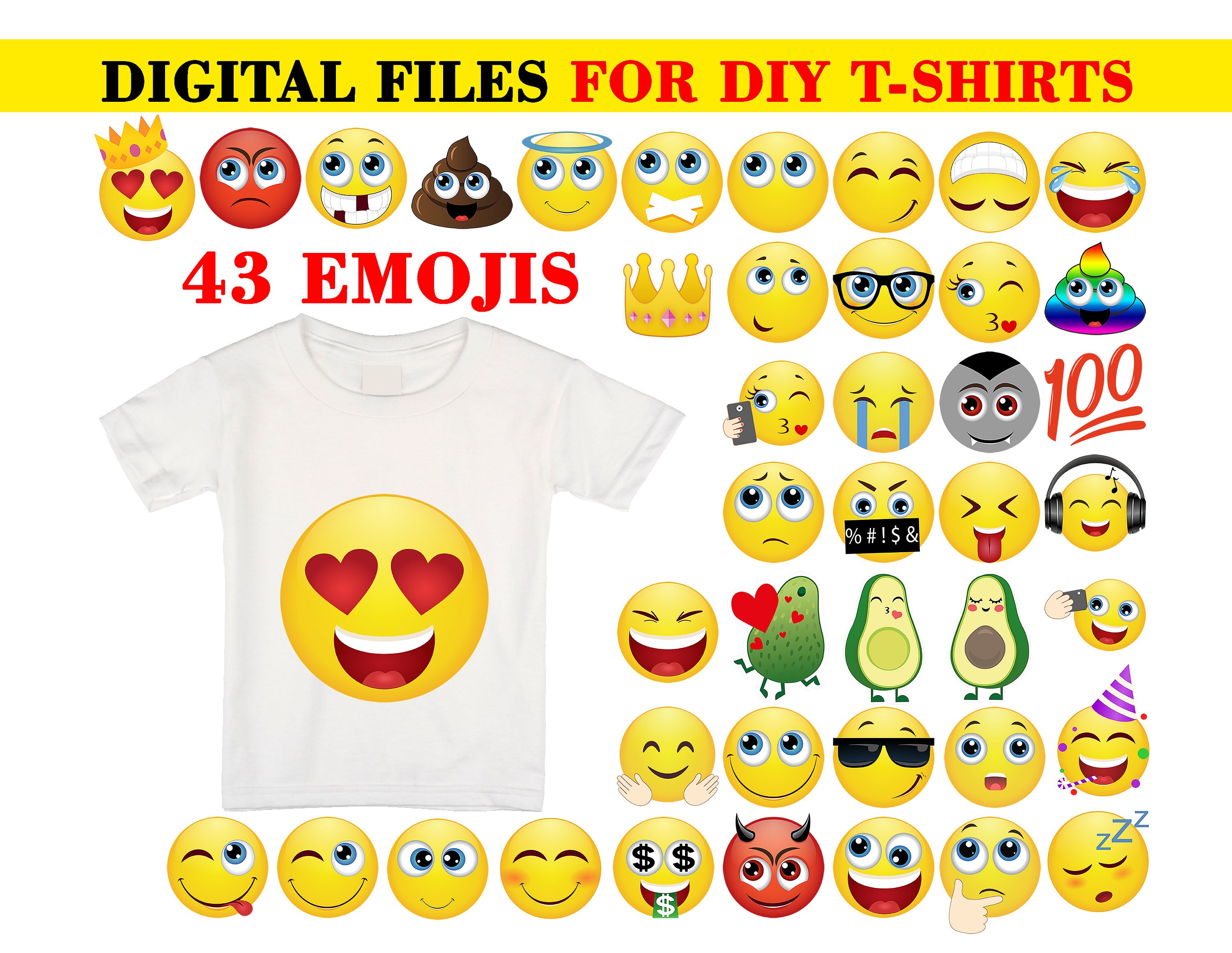 13 Pack Printable Emoji Iron on Transfers for Shirts, Emoji Shirt, Emoji  Birthday Shirt, Emoji Party Shirt, Instant Download 